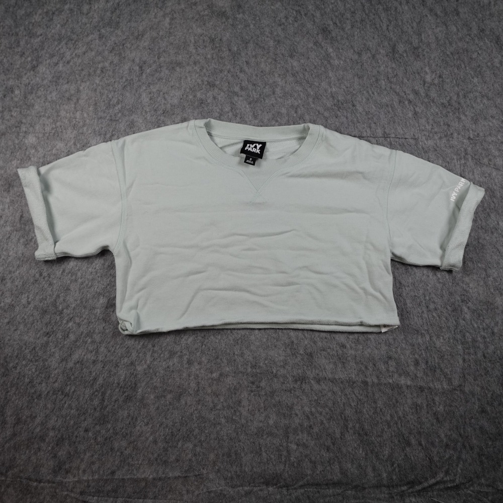 Ivy Park Top Women Small Mint Green Cropped‎ Raw Hem Short Sleeve Crew Cotton